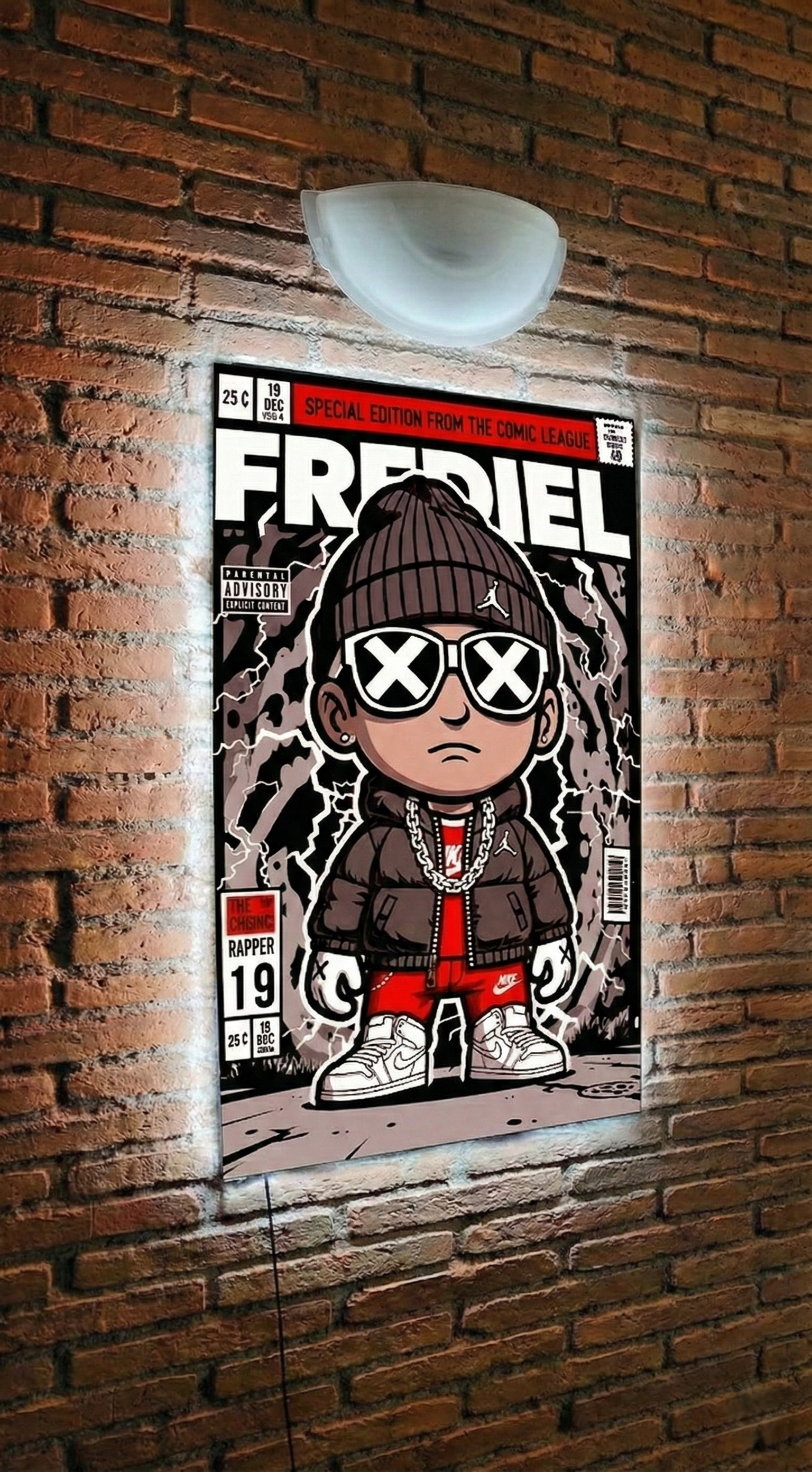 Frediel Cuadro de arte de neón LED representando una figura estilo Funko personalizada, con líneas de neón flex precisas